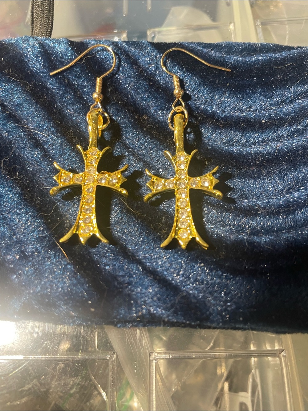 Gold Cross Dangle Earrings with Rhinestones - Women Jewelry